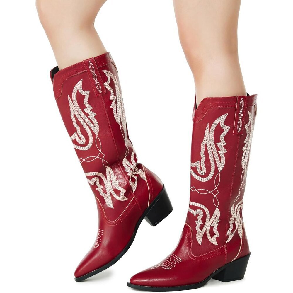 Women's Red Mid Calf Western Cowgirl Chunky Heel Embroidered Pointed Toe Boots - Picture 3 of 5